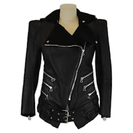 Balmain Black Shearling Leather Biker Jacket Black