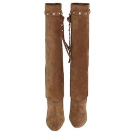 Valentino Brown Rockstud Fold-Over Knee Length Boots Brown