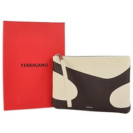 Salvatore Ferragamo Dark Brown/Off White Wristlet Zip Pouch Eggshell Dark brown
