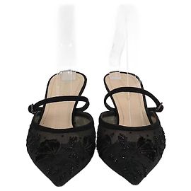 Christian Dior Black Beaded Butterfly Embroidered Kitten Heel Mule Black