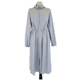 Hermès Hermes Bleu Givre Rüschenausschnitt Langarm Elastisches Midikleid Andere