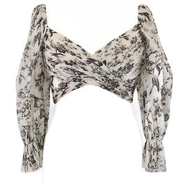 Top cropped plissado em tecido com estampa de pássaros off white da Zimmermann Fora de branco