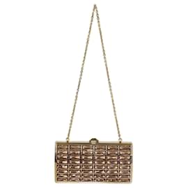 Judith Leiber Gold Tone Crystal Minaudiere Chain Cluth Brown Golden