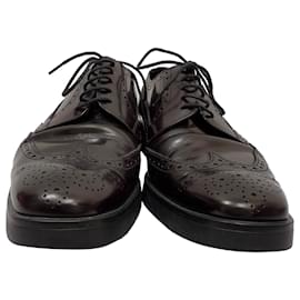 Prada- Prada Brush Lace-Up Brogue Shoes in Burgundy Leather-Red,Dark red