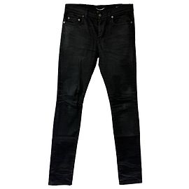 Saint Laurent Fitted Coated Stretch-Denim Jeans in Black Cotton Black