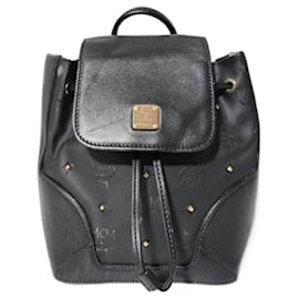 MCM Visetos Leather Drawstring Backpack Black Black
