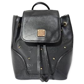 MCM Visetos Leder Rucksack Schwarz mit Kordelzug Schwarz