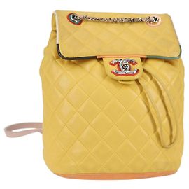 CHANEL Matelasse Backpack Lamb Skin Yellow Silver CC Auth 118937M Silvery Yellow