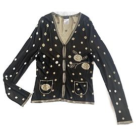 Chanel Colete de Bolinhas e Camélia em Viscose Preto e Creme Preto Creme