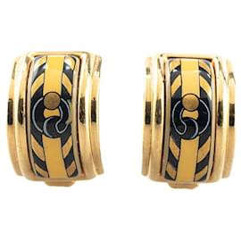 Hermès-Hermes Enamel Emaille Clip Earrings Gold Black-Black,Golden