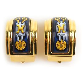 Boucles d'oreilles clips en métal émaillé Cloisonné Hermès Doré Bleu Marine