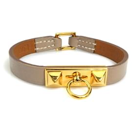 Hermès-Hermes Rival Mini Leather and Metal Bracelet-Golden,Grey