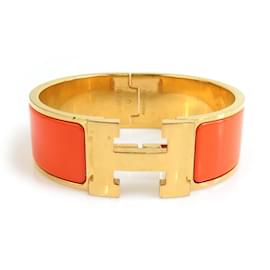 Hermès-Hermes Click-Clack Metal Enamel Bangle Bracelet-Golden,Orange