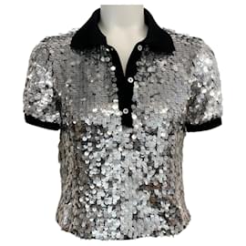 Pinko Silver Sequin Polo Top Silvery