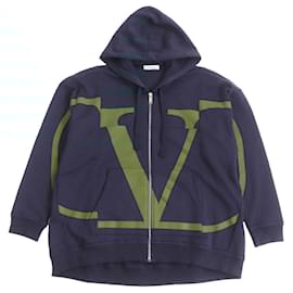 Valentino-Valentino V logo print cotton hoodie-Blue,Navy blue