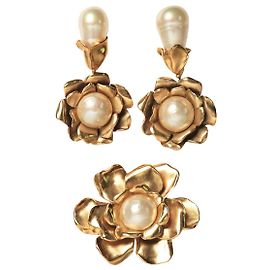 Saint Laurent Set di spilla e orecchini floreali dorati D'oro
