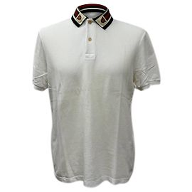 Gucci Web Trim Collar Polo T-Shirt in White Cotton White Cream