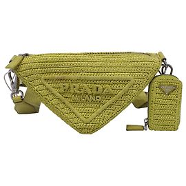 Prada Crochet Triangle Shoulder Bag in Yellow Raffia Yellow
