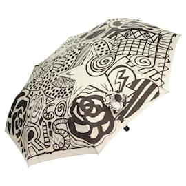 Chanel-CHANEL Folding Umbrella Nylon White Black CC Auth BA2522-Black,White