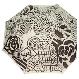 Chanel-CHANEL Folding Umbrella Nylon White Black CC Auth BA2522-Black,White