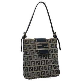 FENDI Zucchino Canvas Hand Bag Navy Silver Auth 108378V Silvery Navy blue