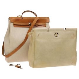Hermès HERMES Bolsa Tote Herbag MM Lona Recubierta Beige Plata Auth bs25502 Plata Beige