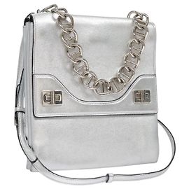 PRADA Chain Hand Bag Leather 2way Silver Auth BD055AV Silvery