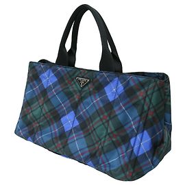 Prada Canapa Check Nylon Tote Bag Black Blue Green