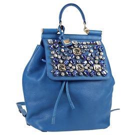 Dolce & Gabbana DOLCE&GABBANA Rhinestone Backpack Leather Blue Gold Auth BA3681V Blue Golden
