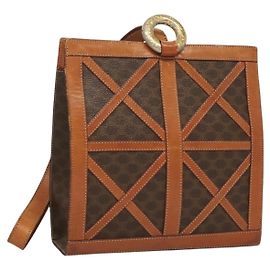 Céline CELINE Macadam Canvas Shoulder Bag PVC Leather Brown Gold Auth 131477 Brown Golden