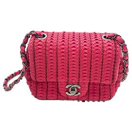 Chanel Flap Mini Bolsa Quadrada Crochê Couro de Cordeiro Vermelho Rosa