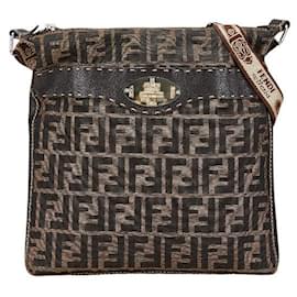 Fendi-Fendi Selleria Zucca Canvas Leather Shoulder Bag-Brown