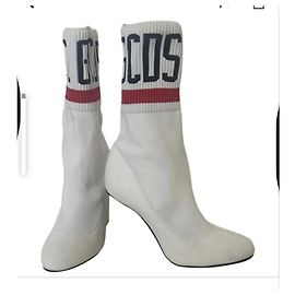 GCDS White Fabric Ankle Boots with Silver Heel White