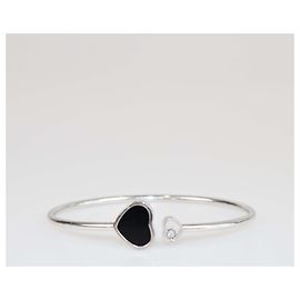 Chopard 18K White Gold Diamond Onyx Happy Hearts Bangle Size M/17 White