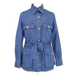 Valentino Blue V Logo Button Four Pocket Sahariana Belted Denim Jacket Blue