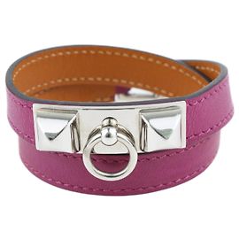 Hermès Pulseira de couro de dupla volta banhada a paládio Violet Rivale Roxo