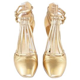 Chanel Gold Interlocking CC Logo T Strap Pumps Golden