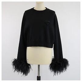 Prada Black Feather Trimmed Long Sleeve Sweat Shirt Black