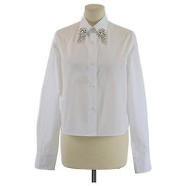 Camisa blanca de manga larga recortada con adornos de cristal de Prada Blanco
