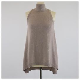 Brunello Cucinelli Beige Knit Sequin Neck Tie Detail Top Beige