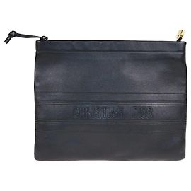 Christian Dior Black Embossed Logo Zip Pouch Black