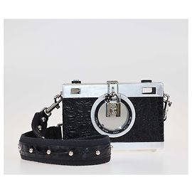 Dolce & Gabbana Black/Silver Croc Embossed Camera Case Shoulder Bag Black Silvery