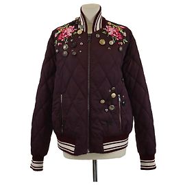 Dolce & Gabbana Maroon Quilted Embroidered Button Studded Bomber Jacket Brown