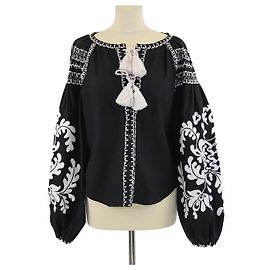 Autre Marque Blouse à liens à franges brodée noire March II Noir
