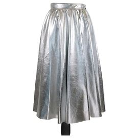 MSGM Silver Pleated Midi Skirt Silvery