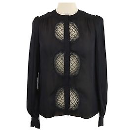 Diane Von Furstenberg Black Button Detailed Mesh Trimmed Shirt Black