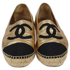 Chanel Gold/Black Espadrilles CC Cap Toe Flats Black Golden