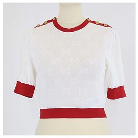 Gucci Ivory/Red GG Jacquard Mesh Button Schulterdetails Top Rot Roh