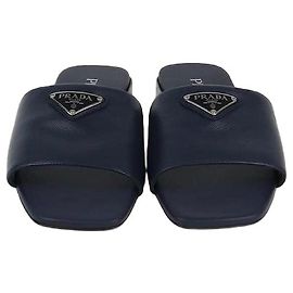 Prada Navy Blue Saffiano Logo Flat Sandals Navy blue