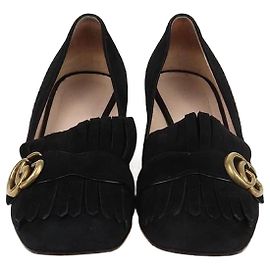 Gucci Black GG Marmont Fringe Block Heel Pumps Black